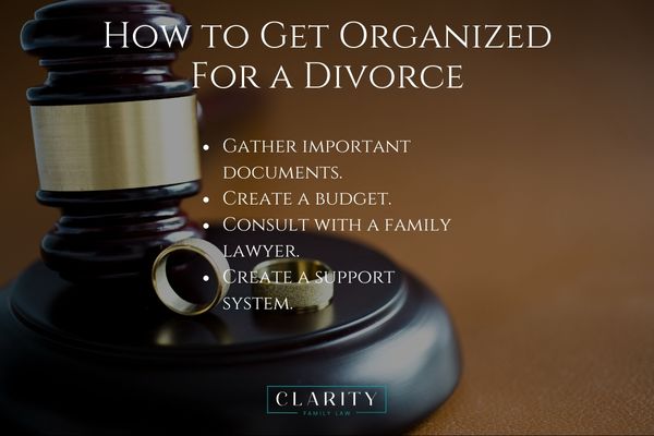a photo with a gavel with text outlining how to get organized for a divorce over it